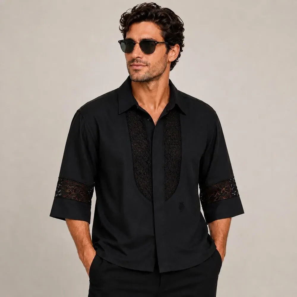 Vintage Black Lace Panel Hawaiian Shirt Sheer 3/4 Sleeve Men’s XL -